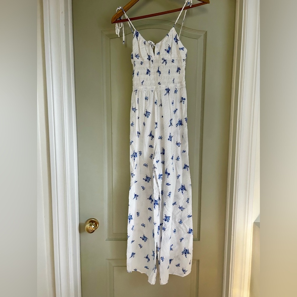 H&M White and Blue Floral Jumpsuit